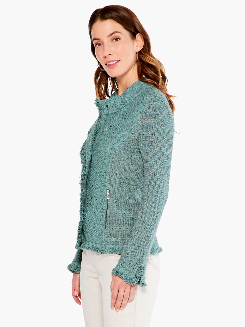 Woman Wears Collared Fringe Mix Knit Jacket image number 1