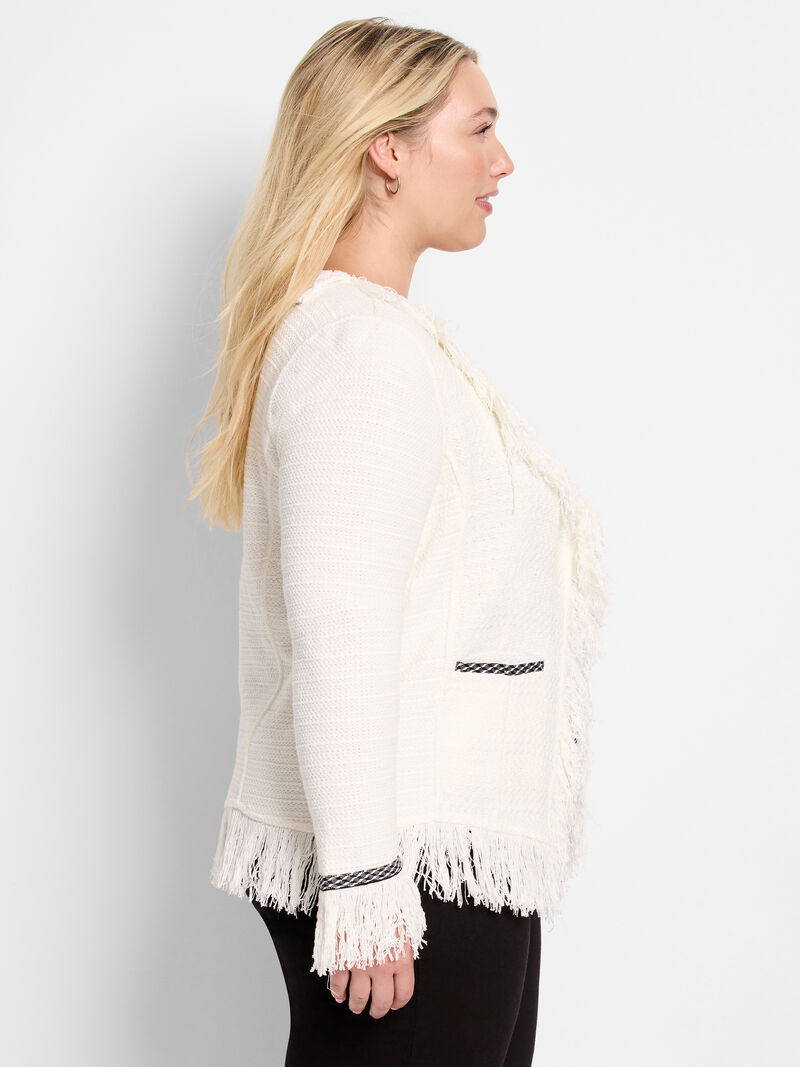 Woman Wears Statement Fringe Mix Knit Jacket image number 2