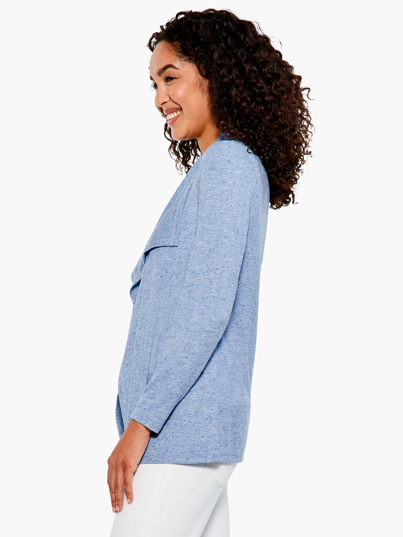 Woman Wears Speckled Knit Drape Cardigan image number 1
