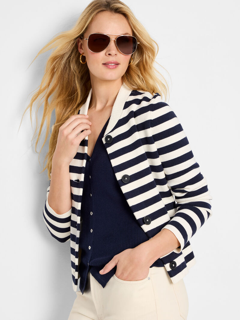 Woman Wears Stripe Knit Bomber Jacket image number 0