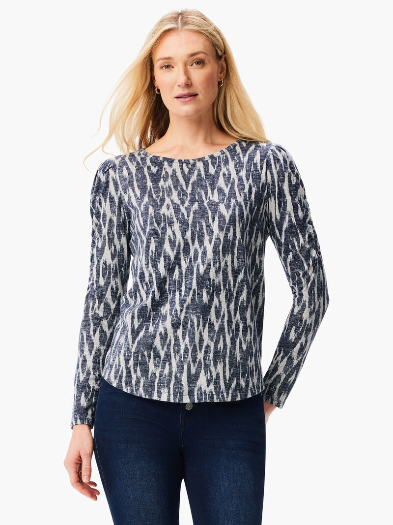 Woman Wears NZT Ikat Long Sleeve Ruched Tee image number 0