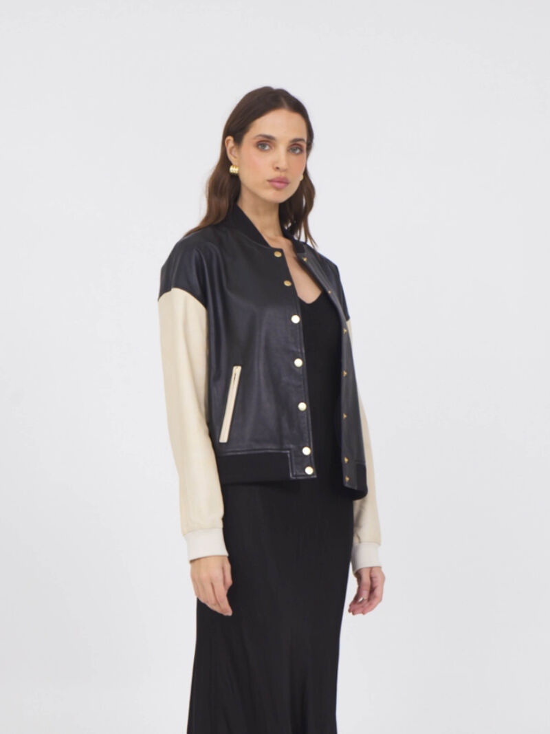 Woman Wears JKT - Fallon Leather Baseball Jacket image number 3