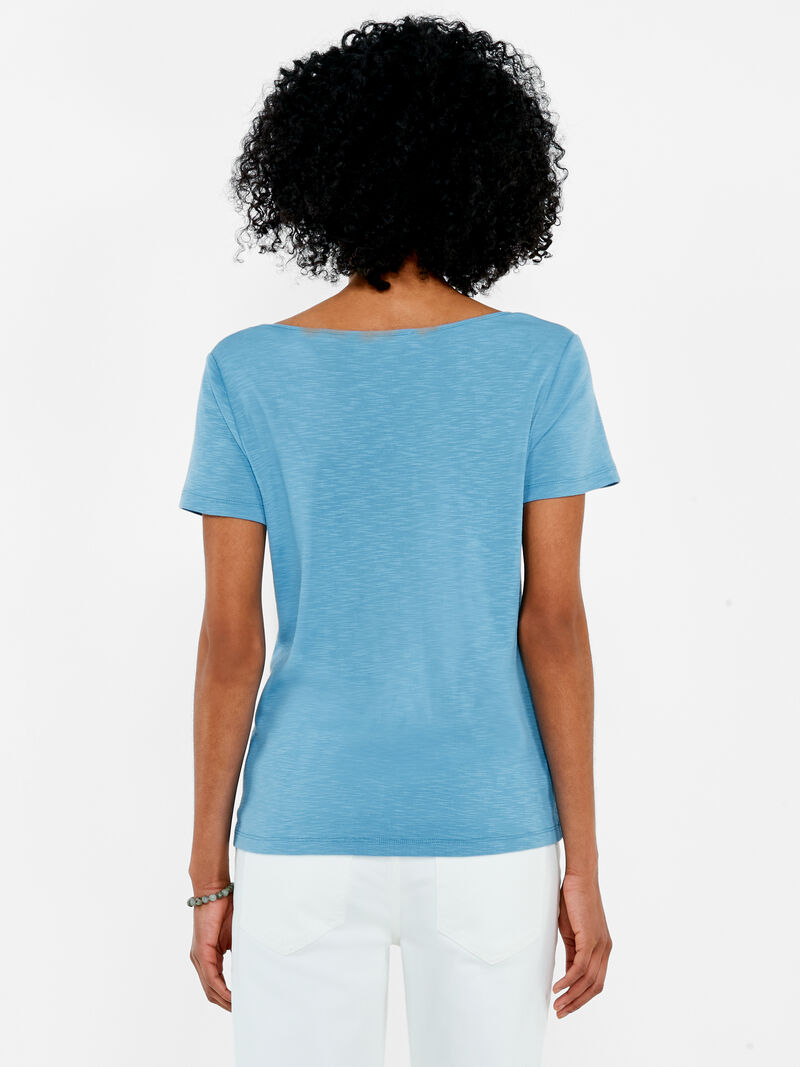 Woman Wears NZT Short Sleeve Knotted V-Neck Tee image number 2
