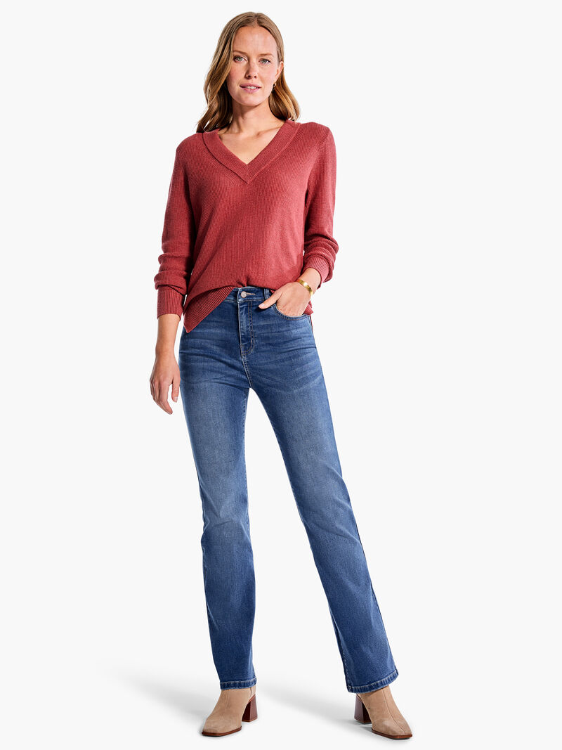 Woman Wears Waffle Stitch V-Neck Sweater image number 3