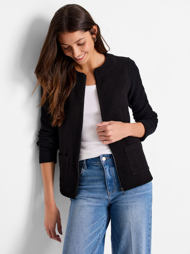 Woman Wears Zip Front Mix Knit Jacket image number 0