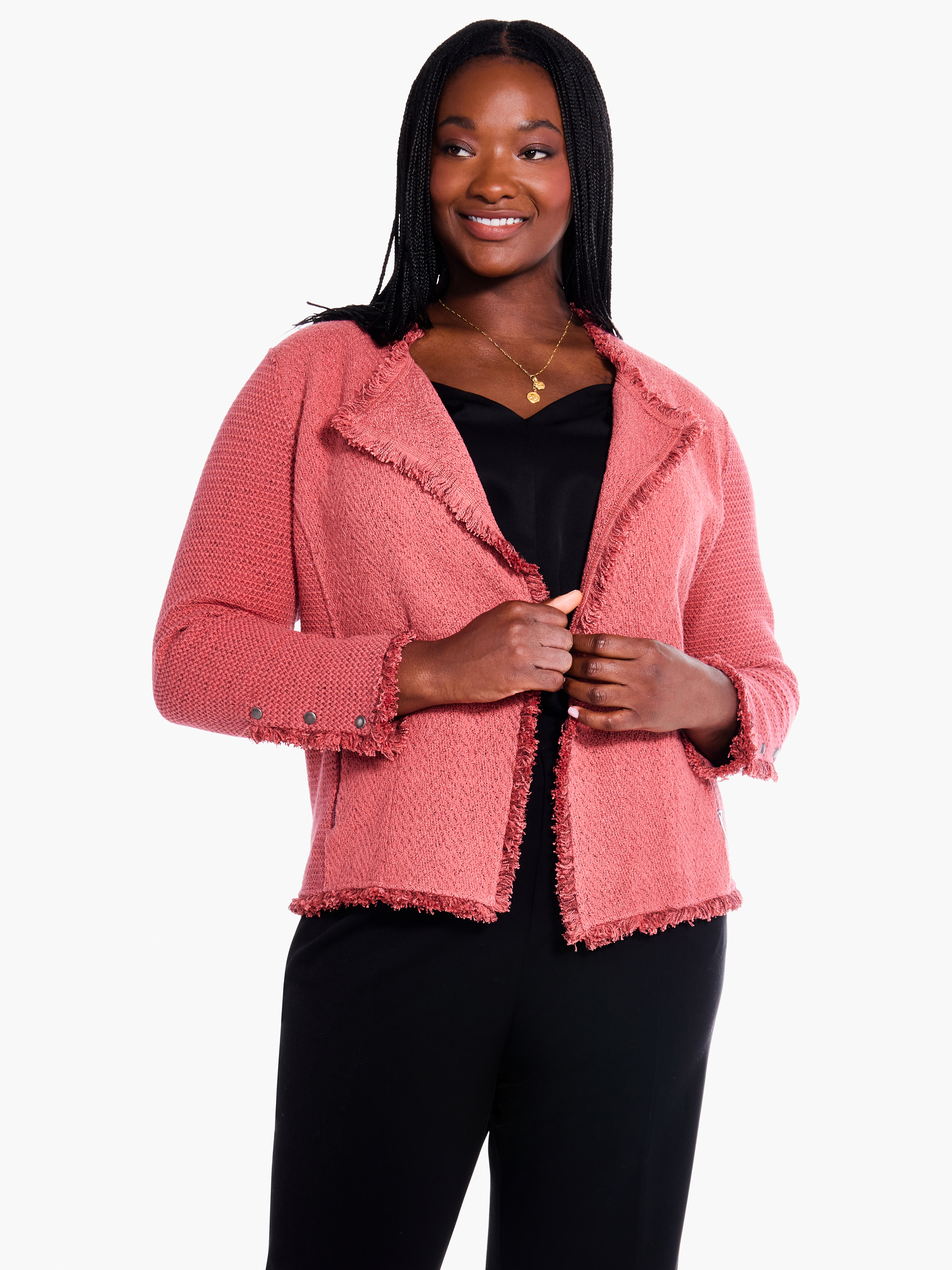 【OPEN YY】STRIPE FRINGE KNIT JACKET / PINK Fringe Mix Knit Jacket | NIC+ZOE