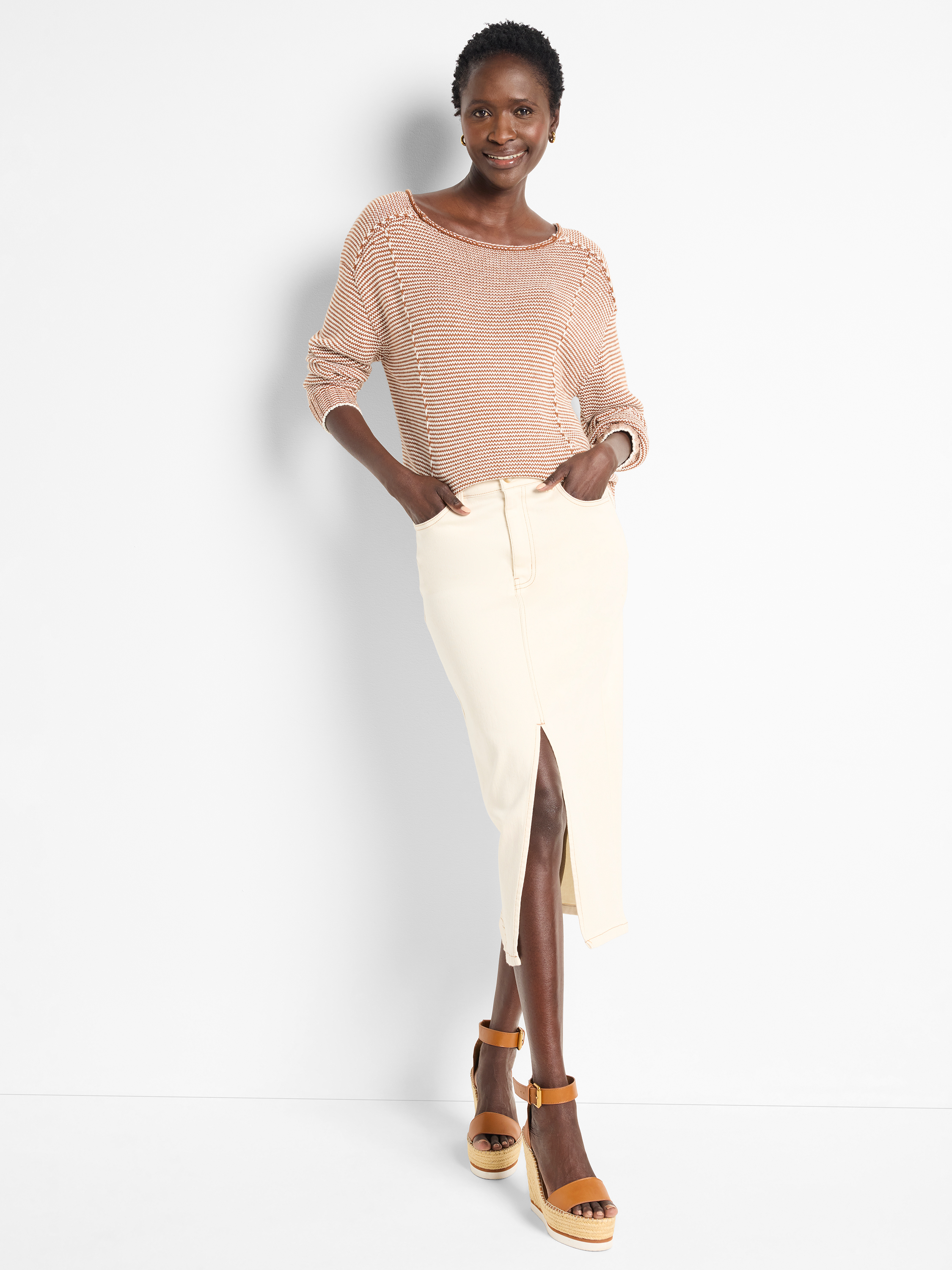 (取寄) ニックゾー レディース ストライプド シーム コットン コード セーター NIC+ZOE women Striped Seamed Cotton Cord Sweater Neutral Multi Striped Seamed Cotton Cord Sweater | NIC+ZOE